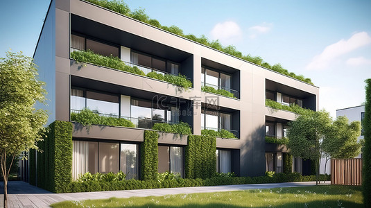 现代公寓楼，带有宁静的花园和背景 3D 渲染中的蓝图计划