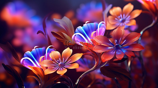 花朵深色背景图片_光芒四射的花朵和叶子令人惊叹的 3D 装饰植物抽象系列