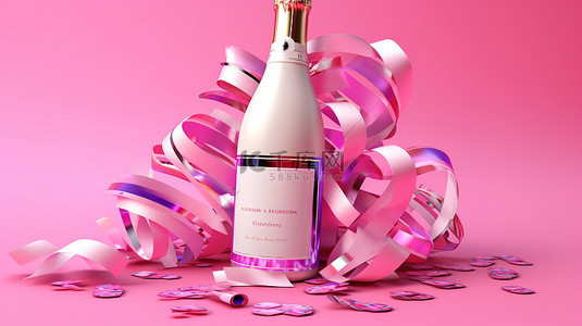 节日庆典彩带背景图片_3D 渲染粉红色背景的插图，带有节日彩带和白色香槟瓶