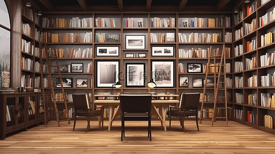 涂鸦卡通背景背景图片_宽敞的图书馆室配有椅子书架和空白相框，3D 室内设计草图