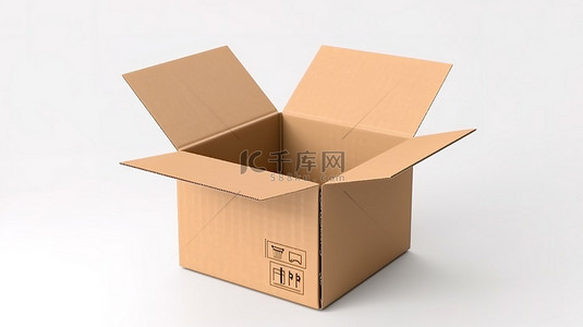 白色背景上开放位置的棕色纸板箱包装模型的 3D 渲染