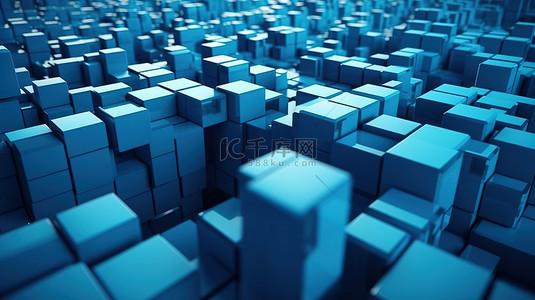各种形状的蓝色立方体的简约 3D 设计创意对称和明亮的纹理