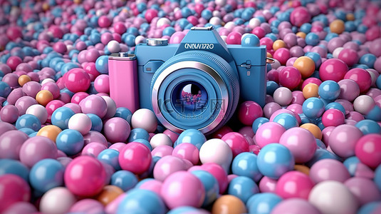 粉红色的彩色球与 3D 渲染中的蓝色相机