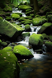一条快速流动的溪流在绿色岩石和绿色苔藓的森林中流过