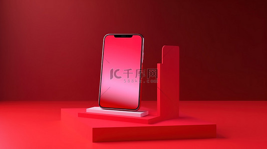 3d 渲染的智能手机在红色讲台上展示，带有展台和舞台展示