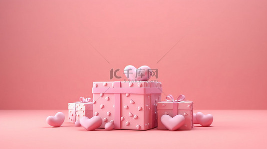 情人节心的 3D 渲染，带有粉红色柔和背景上的礼品盒，营造出快乐的氛围