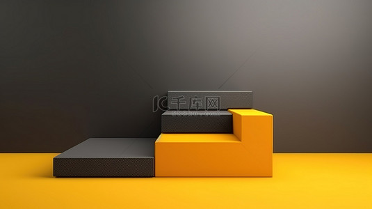 黄色活力背景背景图片_充满活力的黄色抽象背景 3D 渲染上光滑的黑色讲台模型