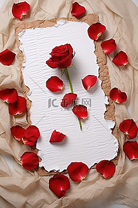 爱心和玫瑰花瓣在纸旁边