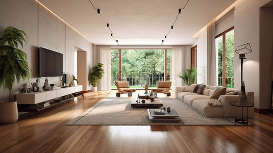具有现代室内设计的住宅开放空间客厅的 3d 渲染图