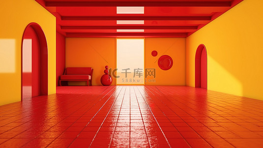 红色主题客厅内部配有充满活力的黄色地板和 3D 描绘的背景