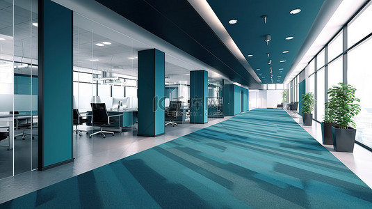 当代办公室入口通道铺有地毯的地板和高效工作环境的 3D 渲染