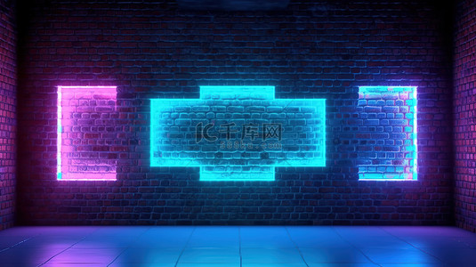 3D 渲染中具有蓝光和砖墙背景的霓虹灯室