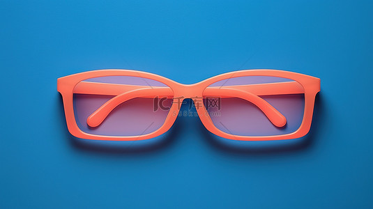 带有蓝色和橙色 3D 眼镜的粉红色背景的顶视图