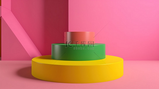 绿色背景上粉色和黄色讲台的产品展示广告 3d 渲染
