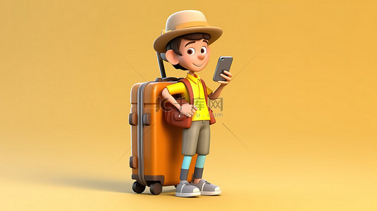 卡通旅游旅行者在检查手机时拿着黄色手提箱的数字艺术作品