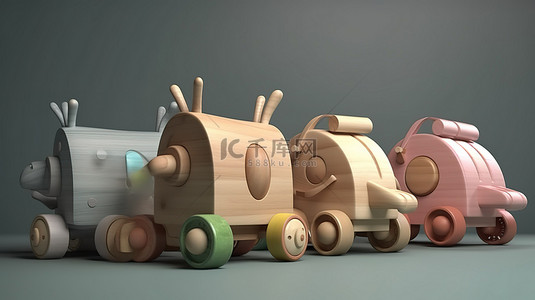 3D 渲染中的儿童俏皮木制玩具