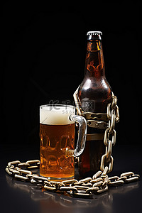 清醒背景图片_一个用链子拴住的啤酒瓶一个杯子和一把钥匙