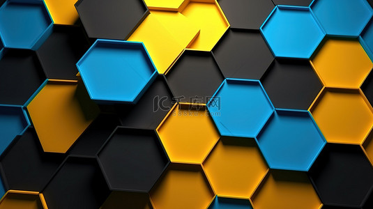 介绍蓝色背景图片_蓝色黄色和黑色六角形背景的 3D 渲染非常适合网页和横幅