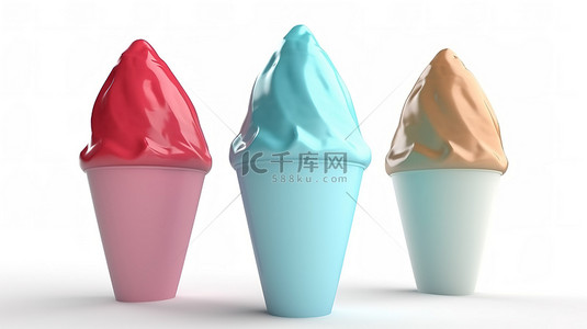 粉色背景水果背景图片_三个冰淇淋在 3d 中呈现在白色背景上孤立的插图