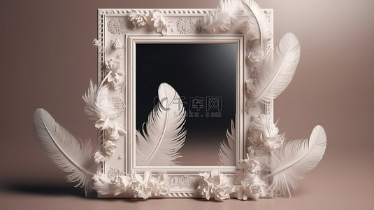3d 渲染中的羽毛和珍珠装饰空白框架