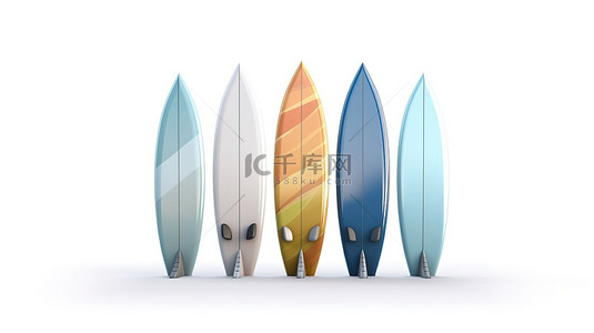 水浪波背景图片_白色背景上配备鳍的当代冲浪板的 3D 渲染