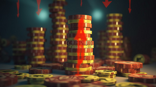 一堆现金 3D 渲染图像中的警告感叹号描绘了金融风险