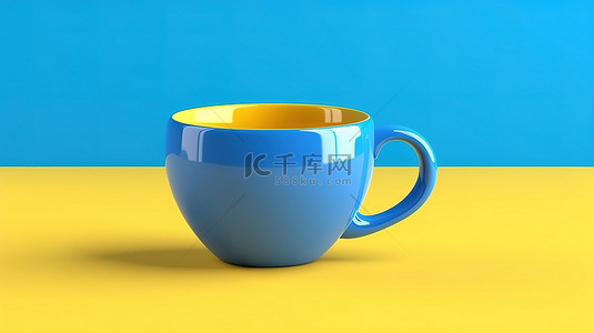 充满活力的黄色背景下蓝色杯子的逼真 3D 渲染插图