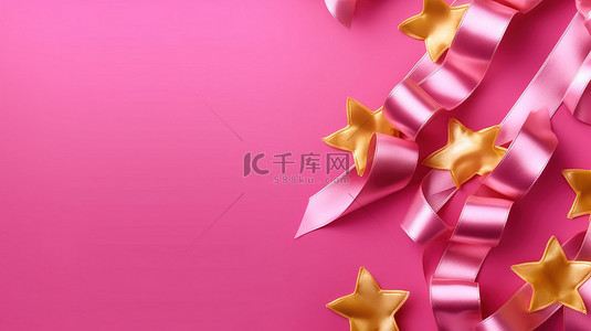 可爱奖牌背景图片_粉红色背景的 3D 渲染，带有彩带和金星奖牌