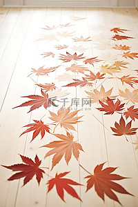 秋叶排列在白色木地板上的图案