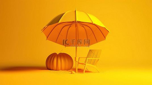 旅行黄色背景图片_带有 3d 渲染太阳和沙滩伞的黄色背景插图
