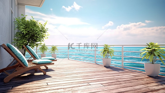 暑假期间享受户外活动，在带躺椅的海滨露台上放松身心 3D 渲染