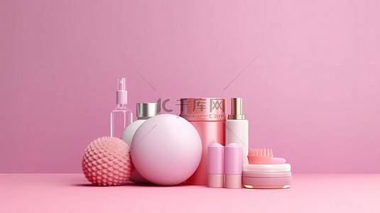 奶面霜背景图片_粉红色背景上彩色化妆品的充满活力的 3D 插图
