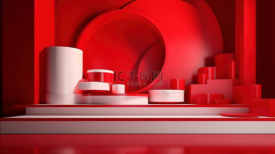 产品展示在 3d 渲染的红色和白色舞台上，带有鲜艳的红色背景，适合多种用途和横幅设计
