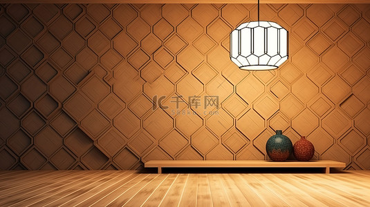 装饰性六边形木瓷砖安装在墙上，灯照亮榻榻米地板，在简约的日式风格房间中以 3D 数字渲染