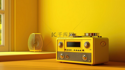 宽敞的黄色房间中收音机的 3d 渲染