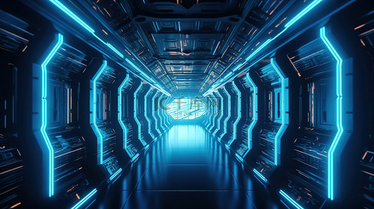未来科幻宇宙飞船走廊 3d 渲染与蓝色霓虹灯和反射