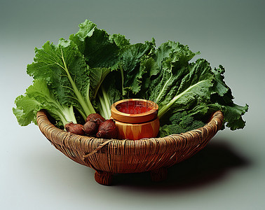 白菜好物背景图片_桌上一篮子生菜西红柿和莳萝