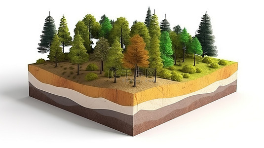 具有立方体形式的森林的令人惊叹的 3d 横截面，以白色背景中孤立的树木土壤和地质为特色