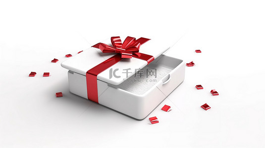 一个带有红色蝴蝶结和丝带的白色惊喜礼品盒，在白色背景的 3D 渲染内显示一张信用卡