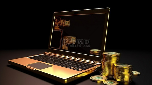 3D 渲染笔记本电脑将钱作为 ATM 隔离金币和美元分配