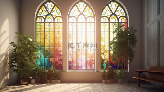 带有彩色玻璃窗和植物装饰的室内房间的明亮和植物 3D 渲染，带有产品展示台