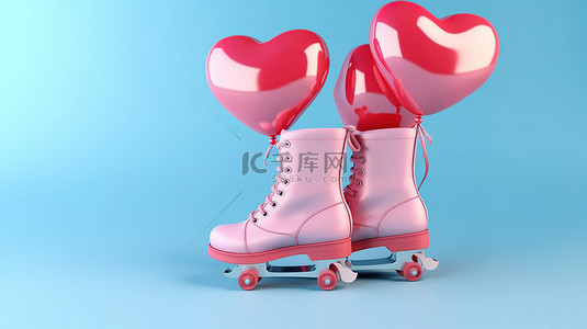 蓝色背景上带有粉色花样滑冰鞋的心形气球的 3D 插图
