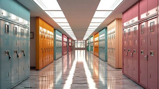 大学校区背景图片_明亮的学校走廊的 3D 插图，配有储物柜教室和光滑的地板