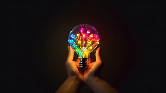 创意概念用手拿着充满活力的灯泡，参加伟大创意 3D 渲染的竞赛