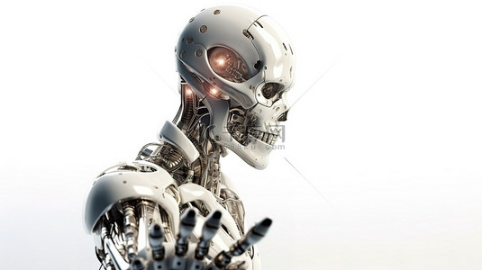 白色背景展示了 3D 渲染中女性机器人或机器人的手指指向