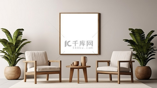 椅子海报背景图片_简约的房间，空墙空白海报框架，地毯上有两把椅子咖啡桌，盆栽热带植物 3D 渲染