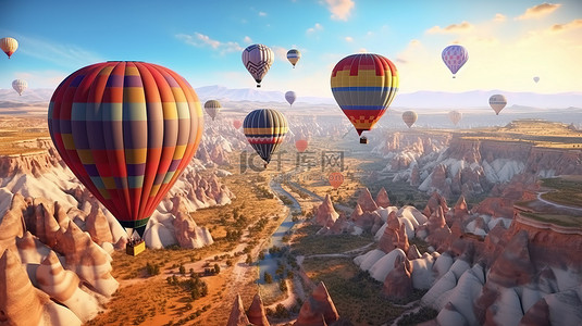 山日落背景图片_令人惊叹的 3D 插图壮观的山景与巨大的气球在卡帕多西亚土耳其的顶级旅游胜地