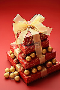婚庆三金背景图片_这盒饼干和巧克力由三个包裹着金丝带和金球的盒子组成