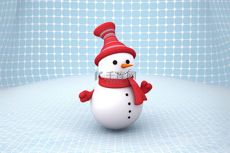 圣诞帽服装背景图片_一个戴着红色帽子穿着蓝色雪人服装的三维雪人