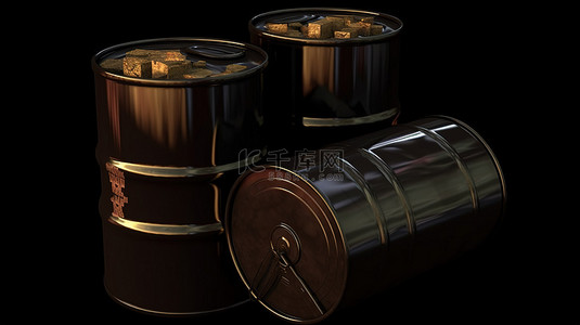石油化工背景图片_货币图标两侧是 3d 渲染的黑色石油桶和一罐汽油